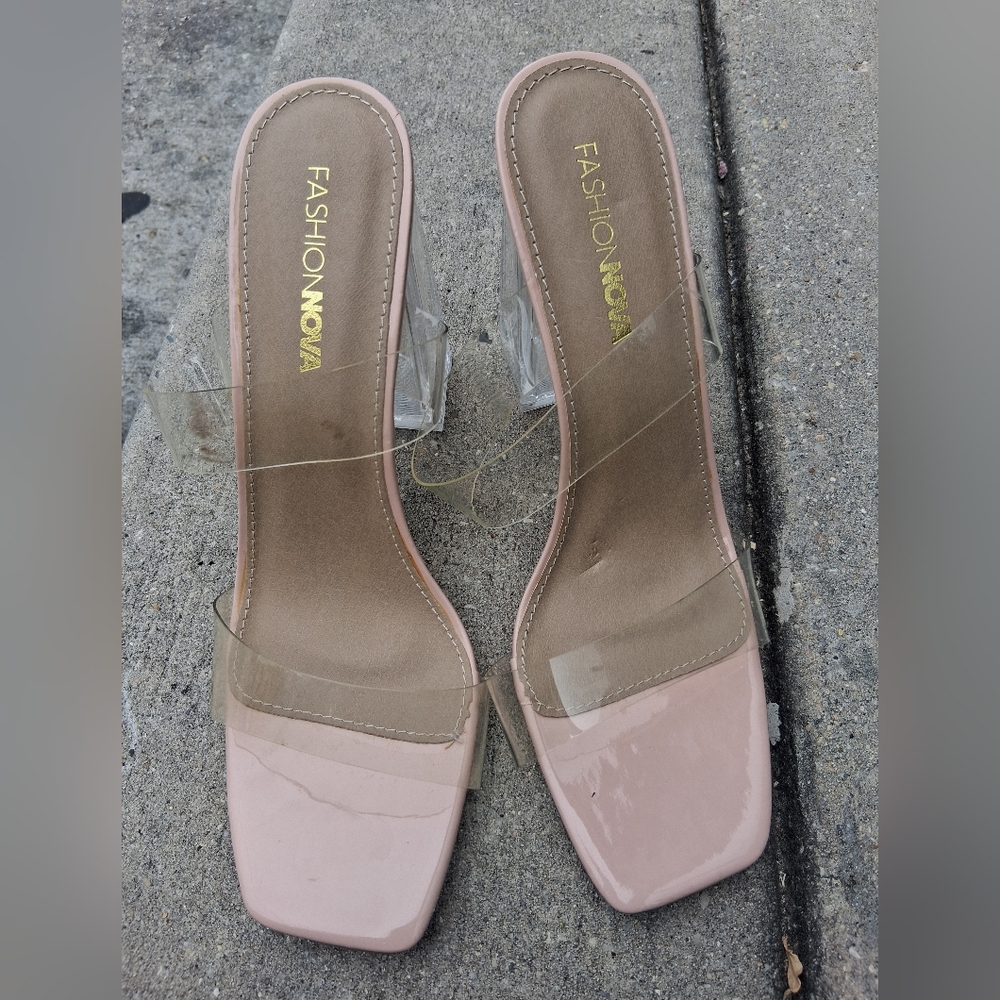 Fashion Nova Blush Heeled Sandals with Clear Straps